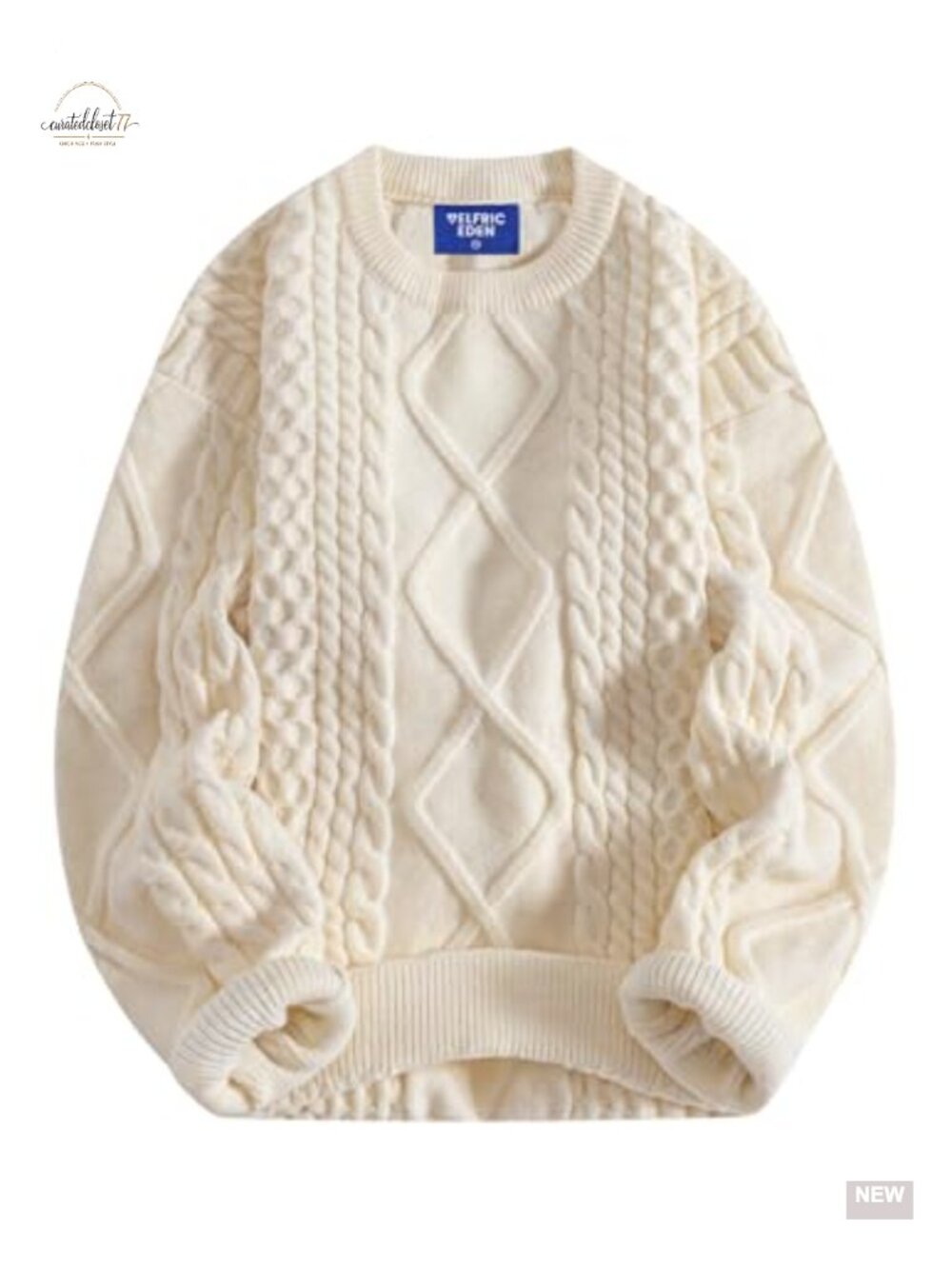 Oversized Cable Knit Crewneck Pullover Sweater Vintage Long Sleeve